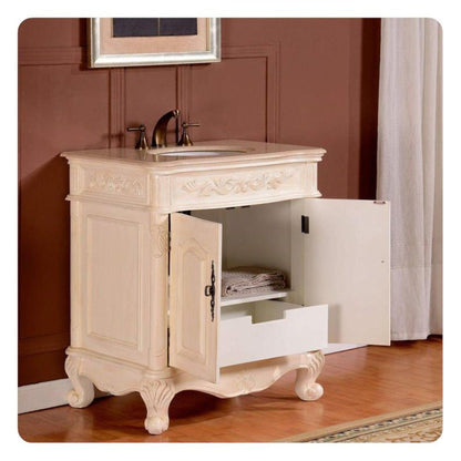 Silkroad Exclusive 32" Single Sink Antique White Bathroom Vanity With Crema Marfil Marble Countertop and White Ceramic Undermount Sink - ZY-0250-CM-UWC-32