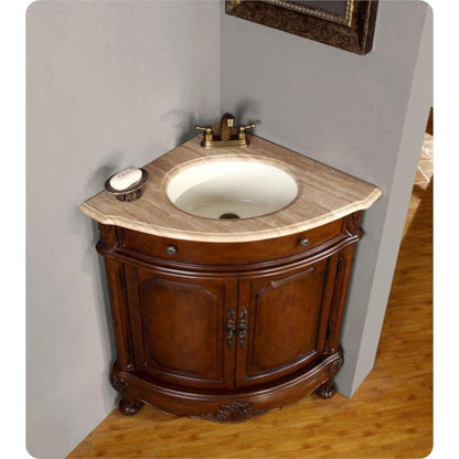 Silkroad Exclusive 32" Single Sink Cherry Bathroom Vanity With Travertine Countertop and White Ceramic Undermount Sink - LTP-0126B-T-UWC-32
