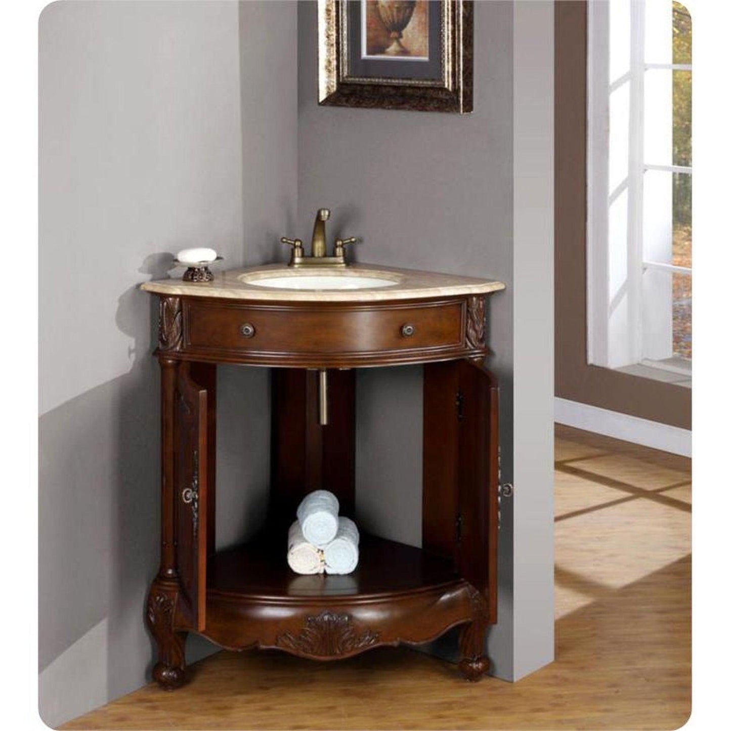 Silkroad Exclusive 32" Single Sink Cherry Bathroom Vanity With Travertine Countertop and White Ceramic Undermount Sink - LTP-0126B-T-UWC-32