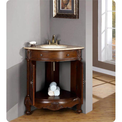 Silkroad Exclusive 32" Single Sink Cherry Bathroom Vanity With Travertine Countertop and White Ceramic Undermount Sink - LTP-0126B-T-UWC-32