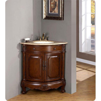 Silkroad Exclusive 32" Single Sink Cherry Bathroom Vanity With Travertine Countertop and White Ceramic Undermount Sink - LTP-0126B-T-UWC-32
