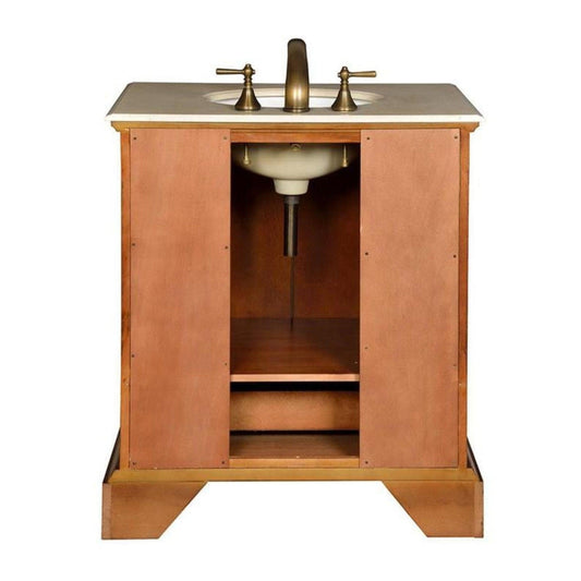Silkroad Exclusive 32" Single Sink Walnut Bathroom Vanity With Crema Marfil Marble Countertop and White Ceramic Undermount Sink - JB-0270-CM-UWC-32