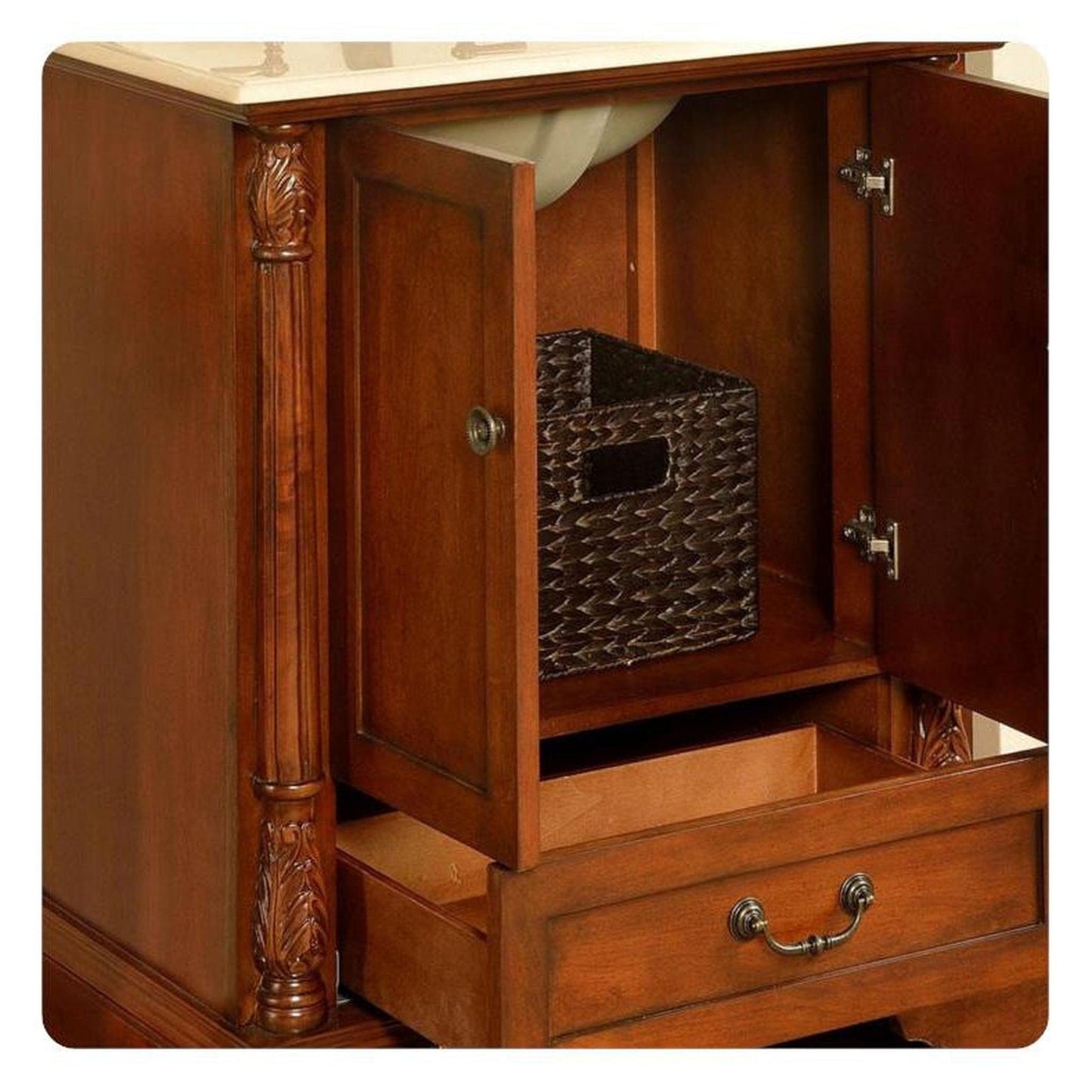 Silkroad Exclusive 32" Single Sink Walnut Bathroom Vanity With Crema Marfil Marble Countertop and White Ceramic Undermount Sink - JB-0270-CM-UWC-32