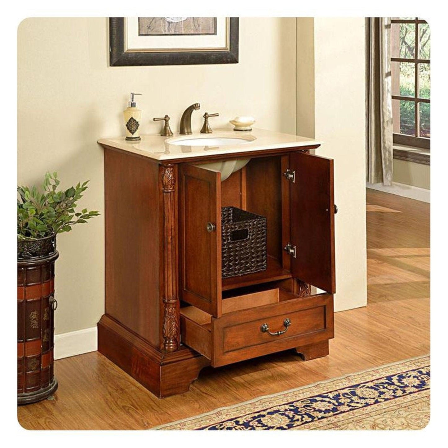 Silkroad Exclusive 32" Single Sink Walnut Bathroom Vanity With Crema Marfil Marble Countertop and White Ceramic Undermount Sink - JB-0270-CM-UWC-32