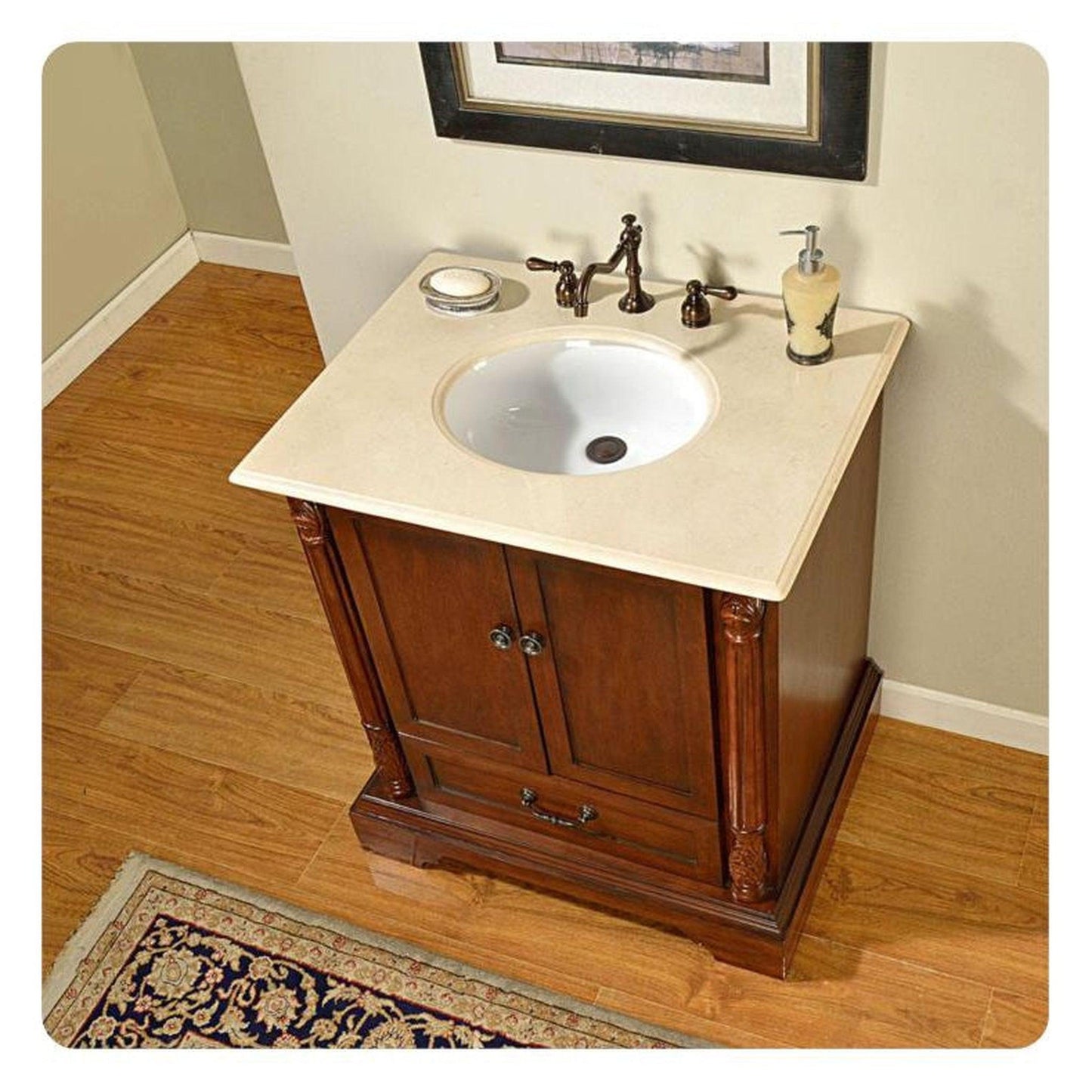 Silkroad Exclusive 32" Single Sink Walnut Bathroom Vanity With Crema Marfil Marble Countertop and White Ceramic Undermount Sink - JB-0270-CM-UWC-32