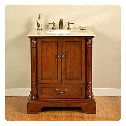 Silkroad Exclusive 32" Single Sink Walnut Bathroom Vanity With Crema Marfil Marble Countertop and White Ceramic Undermount Sink - JB-0270-CM-UWC-32