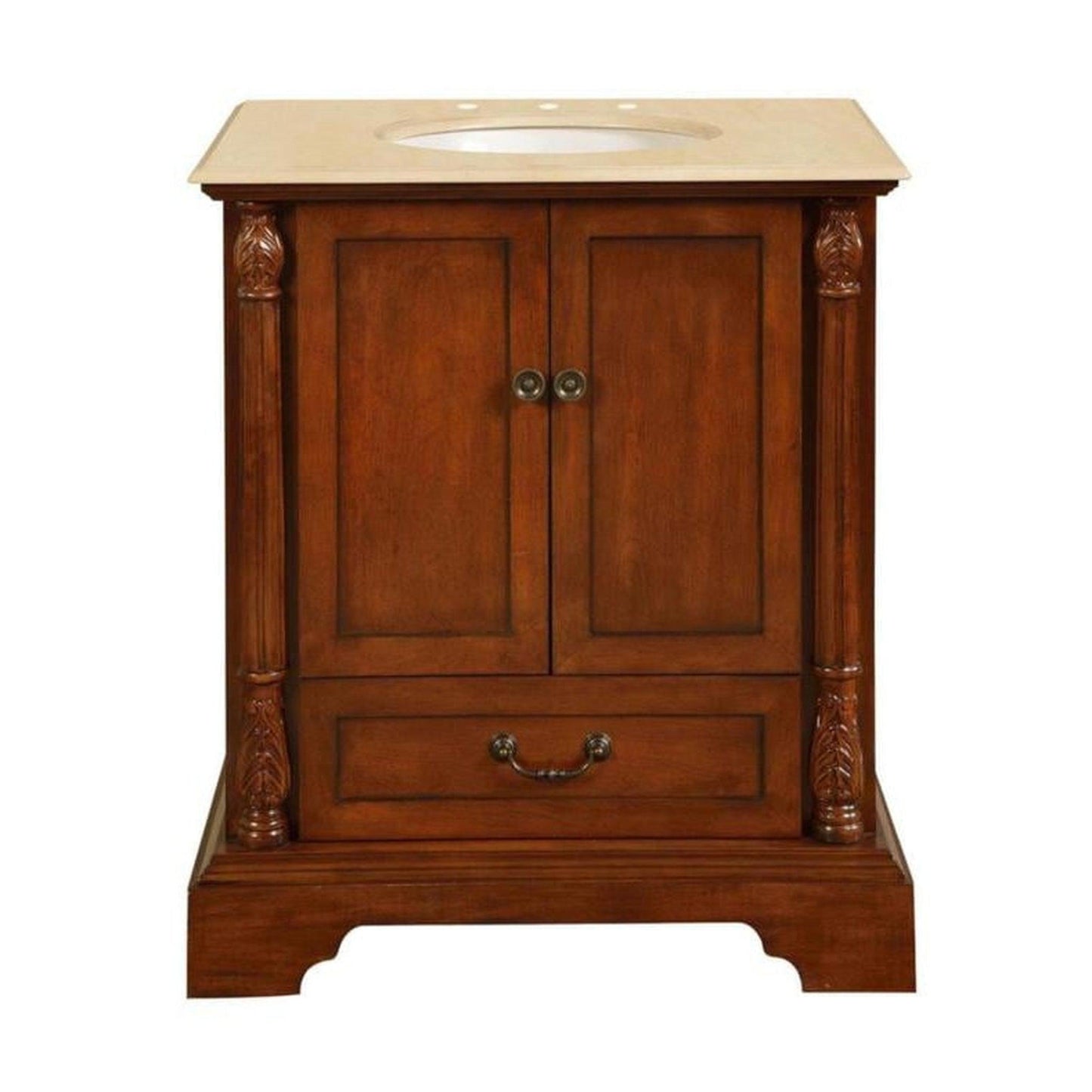 Silkroad Exclusive 32" Single Sink Walnut Bathroom Vanity With Crema Marfil Marble Countertop and White Ceramic Undermount Sink - JB-0270-CM-UWC-32