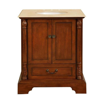Silkroad Exclusive 32" Single Sink Walnut Bathroom Vanity With Crema Marfil Marble Countertop and White Ceramic Undermount Sink - JB-0270-CM-UWC-32