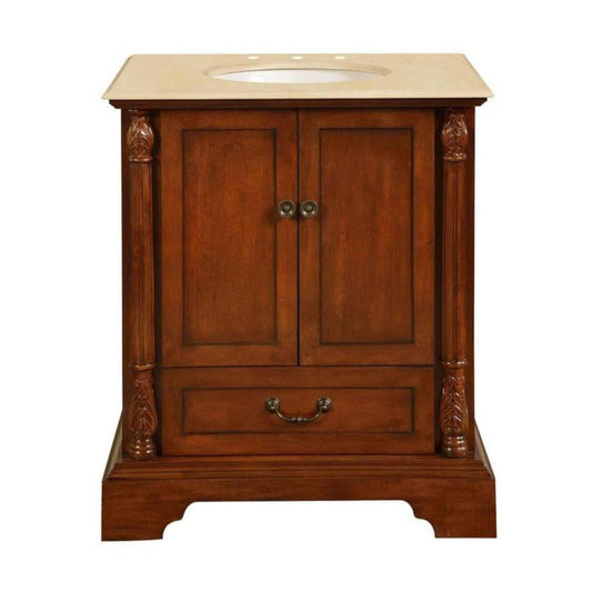 Silkroad Exclusive 32" Single Sink Walnut Bathroom Vanity With Crema Marfil Marble Countertop and White Ceramic Undermount Sink - JB-0270-CM-UWC-32