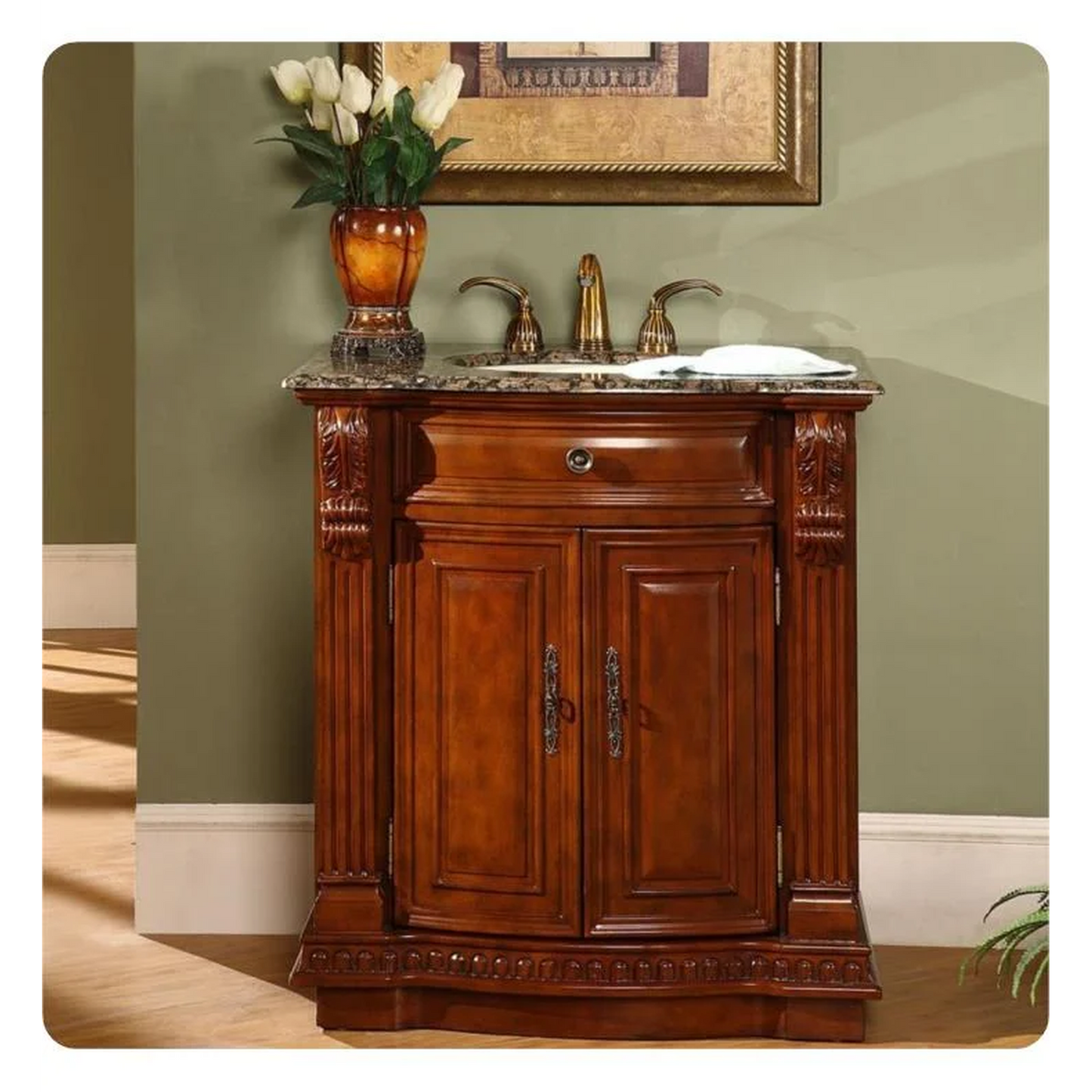 Silkroad Exclusive 33" Single Sink Cherry Bathroom Vanity With Baltic Brown Granite Countertop and Ivory Ceramic Undermount Sink