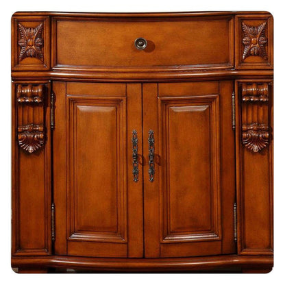 Silkroad Exclusive 33" Single Sink Cherry Bathroom Vanity With Crema Marfil Marble Countertop and Ivory Ceramic Undermount Sink - HYP-0204-CM-UIC-33