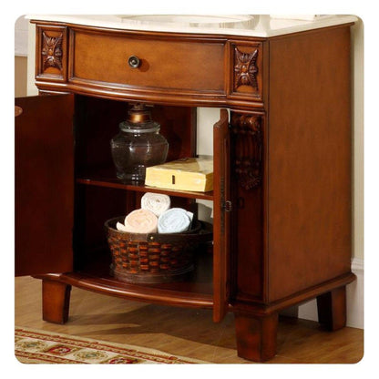 Silkroad Exclusive 33" Single Sink Cherry Bathroom Vanity With Crema Marfil Marble Countertop and Ivory Ceramic Undermount Sink - HYP-0204-CM-UIC-33