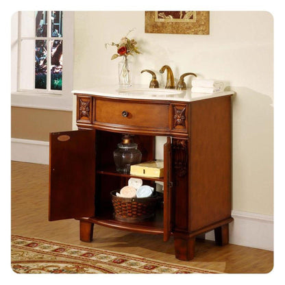 Silkroad Exclusive 33" Single Sink Cherry Bathroom Vanity With Crema Marfil Marble Countertop and Ivory Ceramic Undermount Sink - HYP-0204-CM-UIC-33