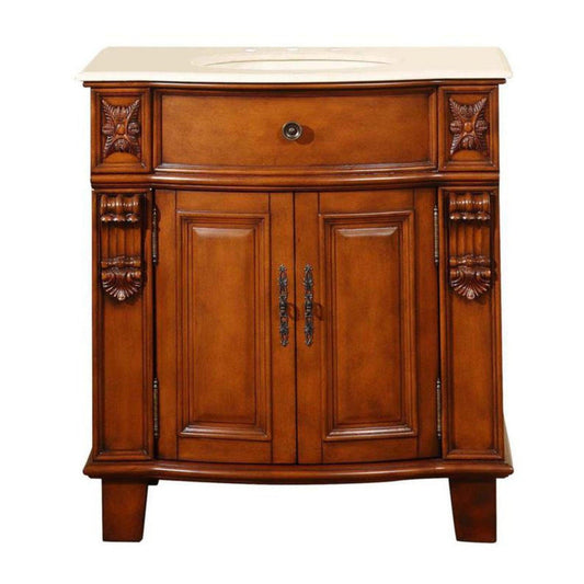 Silkroad Exclusive 33" Single Sink Cherry Bathroom Vanity With Crema Marfil Marble Countertop and Ivory Ceramic Undermount Sink - HYP-0204-CM-UIC-33