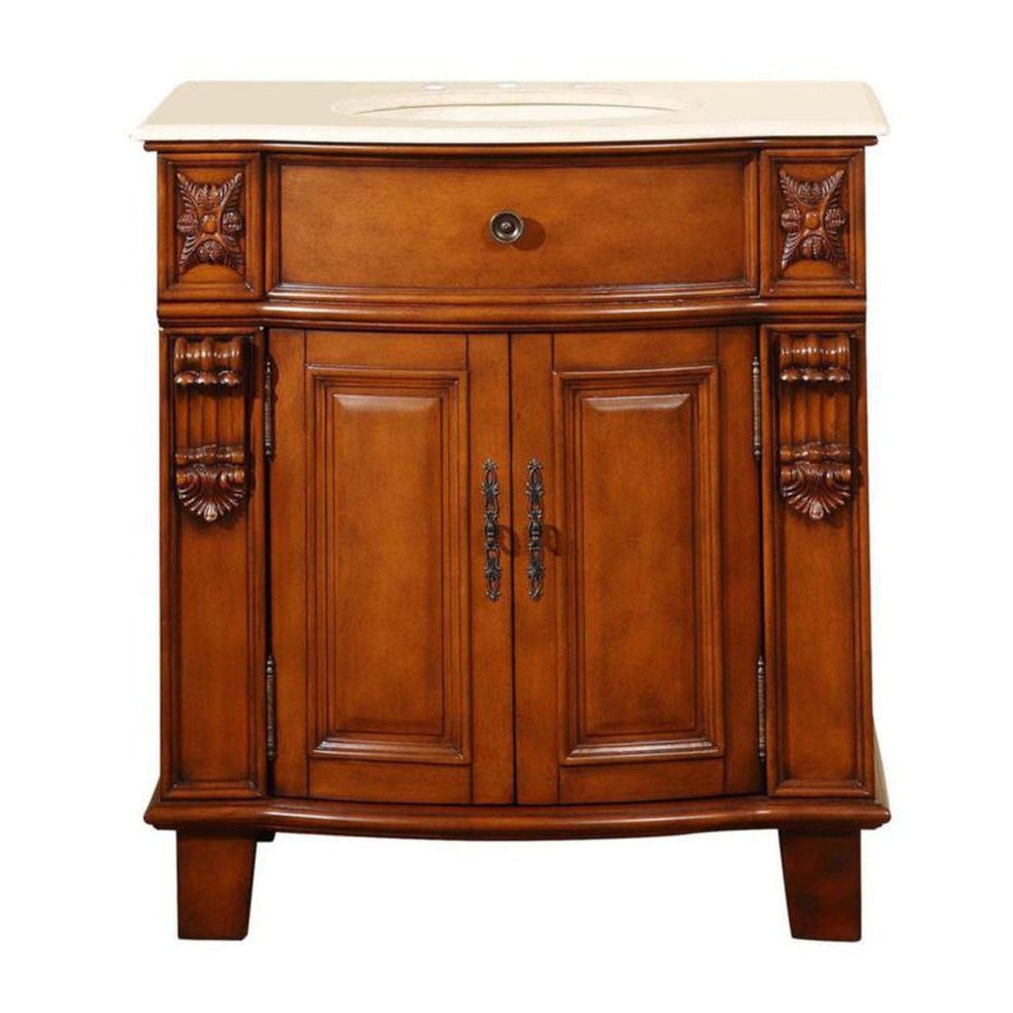 Silkroad Exclusive 33" Single Sink Cherry Bathroom Vanity With Crema Marfil Marble Countertop and Ivory Ceramic Undermount Sink - HYP-0204-CM-UIC-33