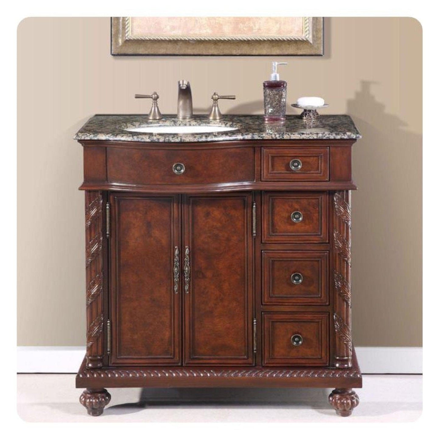 Silkroad 36" Left Sink Vanity, Baltic Brown Top, English Chestnut – HYP-0213-BB-UWC-36-L