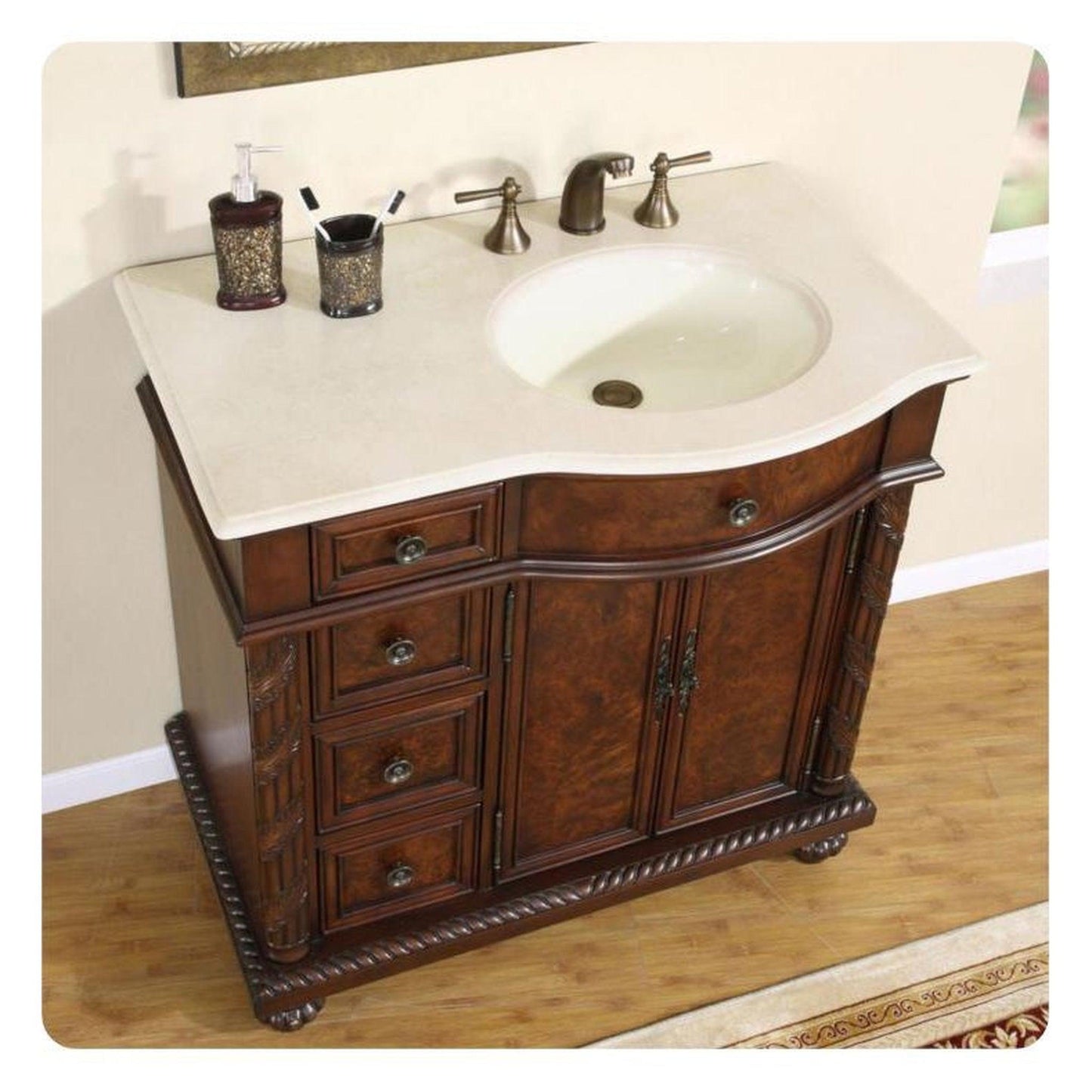 Silkroad Exclusive 36" Left Side Single Sink English Chestnut Bathroom Vanity - HYP-0213-CM-UIC-36-L