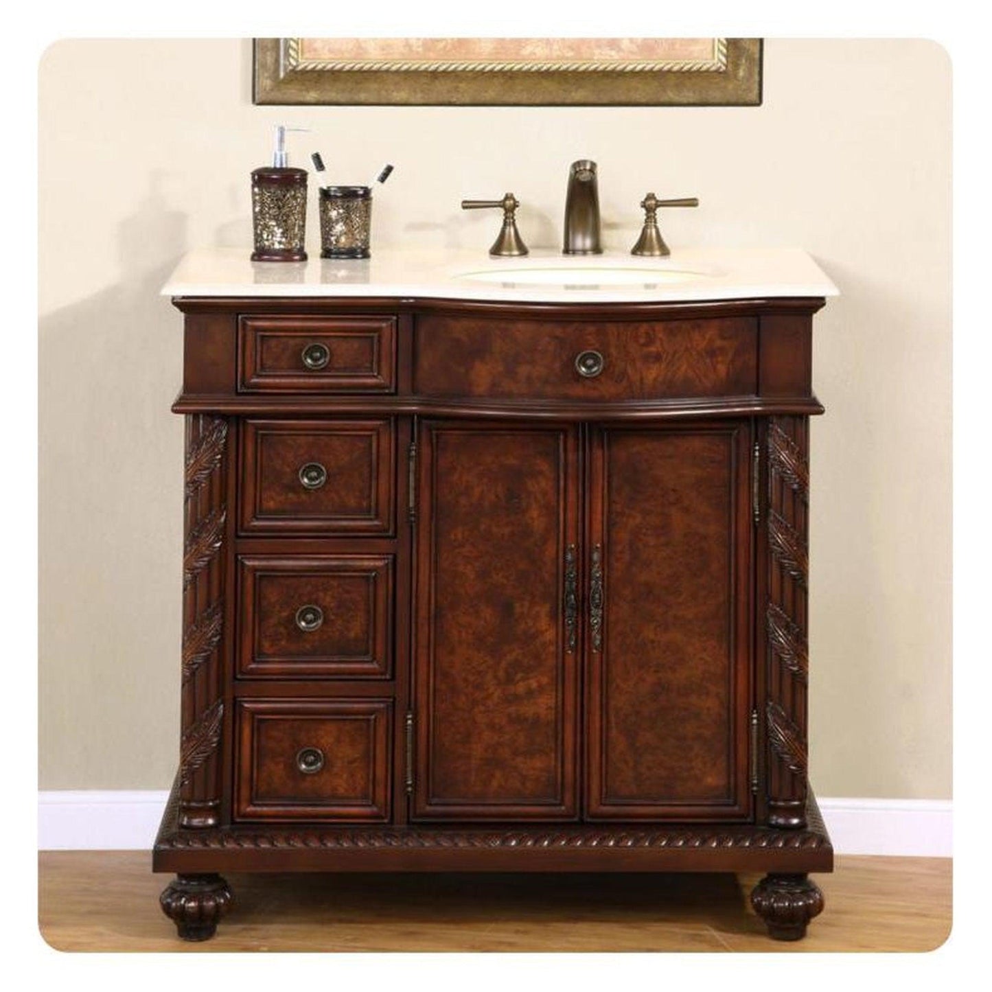 Silkroad Exclusive 36" Left Side Single Sink English Chestnut Bathroom Vanity - HYP-0213-CM-UIC-36-L