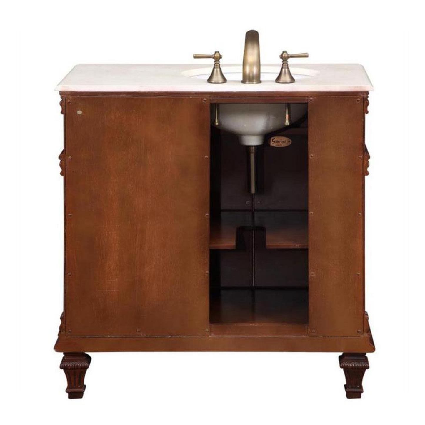 Silkroad Exclusive 36" Left Side Single Sink Vermont Maple Bathroom Vanity With Crema Marfil Marble Countertop and White Ceramic Undermount Sink