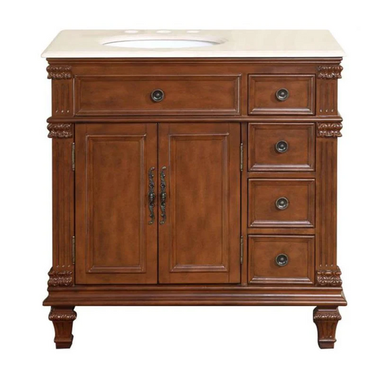 Silkroad Exclusive 36" Left Side Single Sink Vermont Maple Bathroom Vanity With Crema Marfil Marble Countertop and White Ceramic Undermount Sink - HYP-0210-CM-UWC-36-L