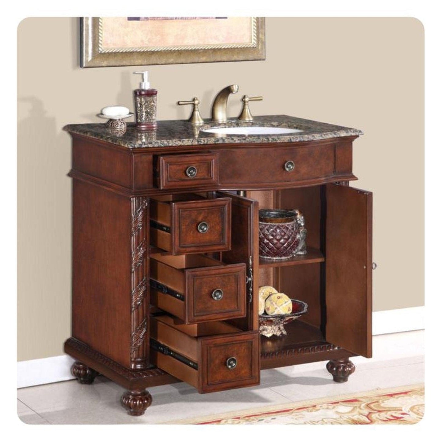 Silkroad Exclusive 36" Right Side Single Sink English Chestnut Bathroom Vanity With Baltic Brown Granite Countertop and White Ceramic Undermount Sink - HYP-0213-BB-UWC-36-R