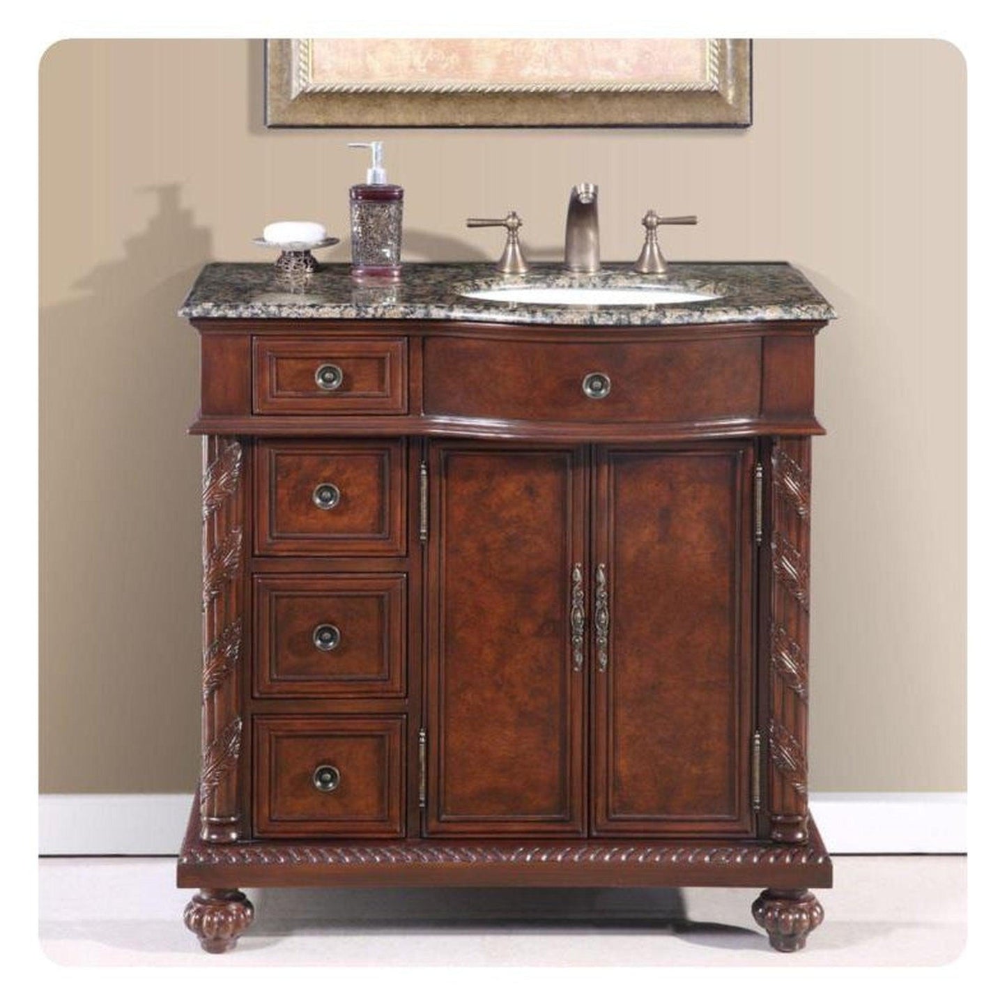 Silkroad Exclusive 36" Right Side Single Sink English Chestnut Bathroom Vanity With Baltic Brown Granite Countertop and White Ceramic Undermount Sink - HYP-0213-BB-UWC-36-R