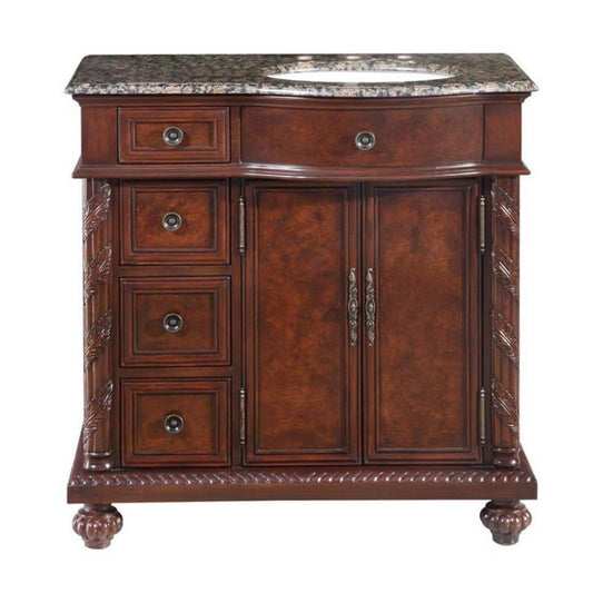 Silkroad Exclusive 36" Right Side Single Sink English Chestnut Bathroom Vanity With Baltic Brown Granite Countertop and White Ceramic Undermount Sink - HYP-0213-BB-UWC-36-R