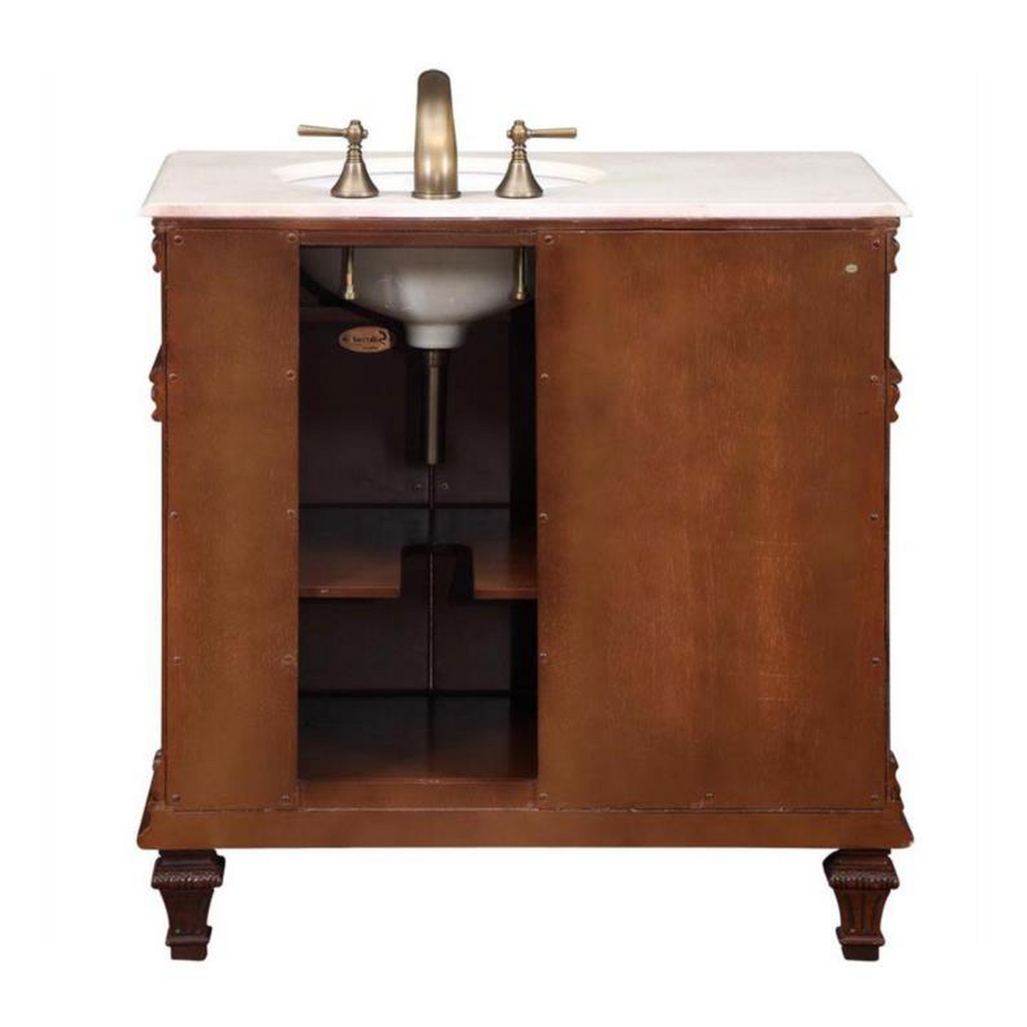 Silkroad Exclusive 36" Right Side Single Sink Vermont Maple Bathroom Vanity With Crema Marfil Marble Countertop and White Ceramic Undermount Sink - HYP-0210-CM-UWC-36-R