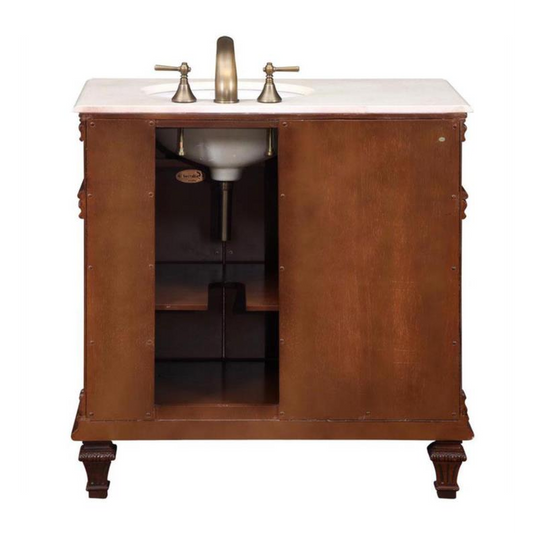 Silkroad Exclusive 36" Right Side Single Sink Vermont Maple Bathroom Vanity With Crema Marfil Marble Countertop and White Ceramic Undermount Sink - HYP-0210-CM-UWC-36-R