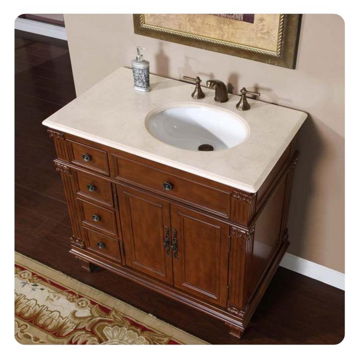 Silkroad Exclusive 36" Right Side Single Sink Vermont Maple Bathroom Vanity With Crema Marfil Marble Countertop and White Ceramic Undermount Sink - HYP-0210-CM-UWC-36-R