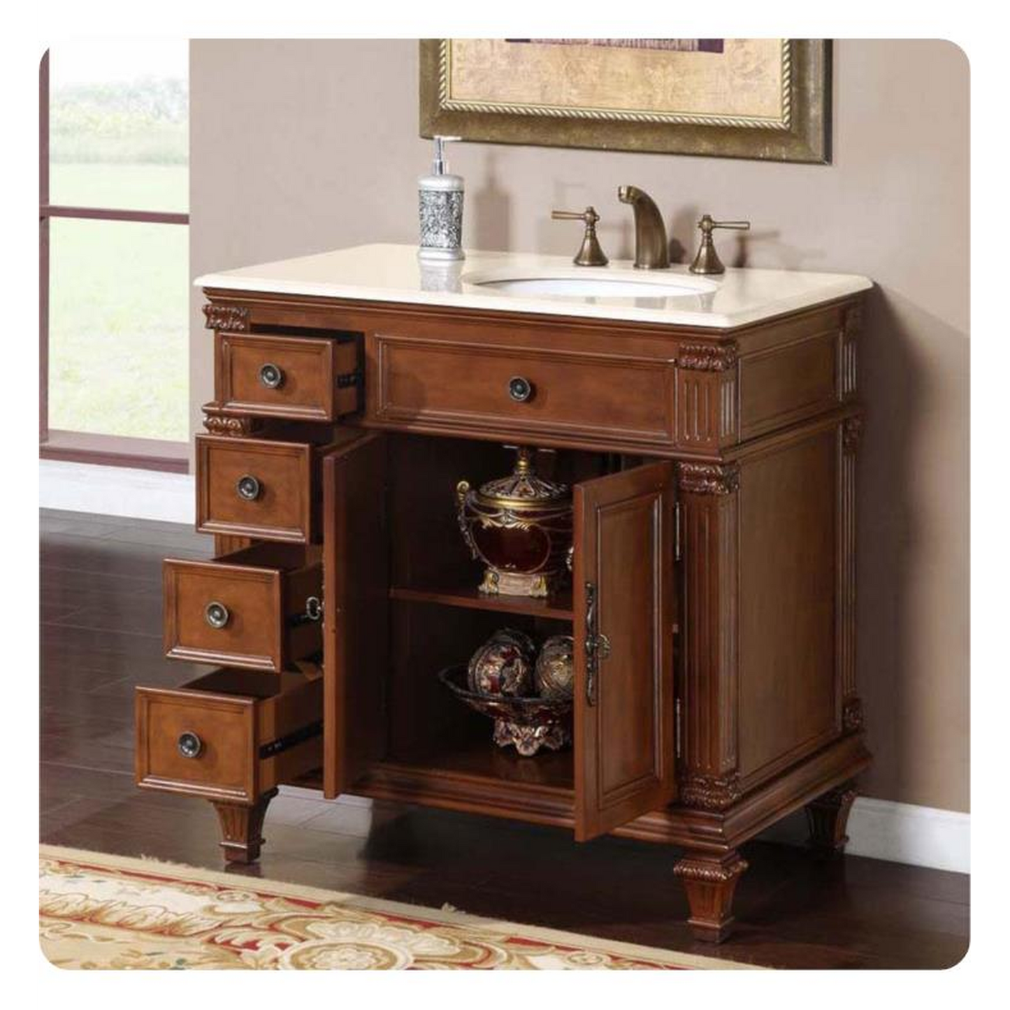Silkroad Exclusive 36" Right Side Single Sink Vermont Maple Bathroom Vanity With Crema Marfil Marble Countertop and White Ceramic Undermount Sink - HYP-0210-CM-UWC-36-R