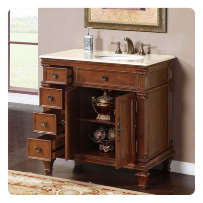 Silkroad Exclusive 36" Right Side Single Sink Vermont Maple Bathroom Vanity With Crema Marfil Marble Countertop and White Ceramic Undermount Sink - HYP-0210-CM-UWC-36-R