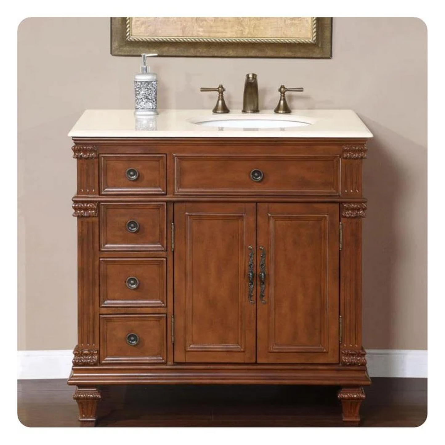 Silkroad Exclusive 36" Right Side Single Sink Vermont Maple Bathroom Vanity With Crema Marfil Marble Countertop and White Ceramic Undermount Sink - HYP-0210-CM-UWC-36-R