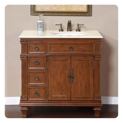 Silkroad Exclusive 36" Right Side Single Sink Vermont Maple Bathroom Vanity With Crema Marfil Marble Countertop and White Ceramic Undermount Sink - HYP-0210-CM-UWC-36-R
