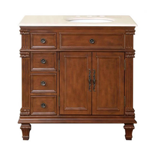 Silkroad Exclusive 36" Right Side Single Sink Vermont Maple Bathroom Vanity With Crema Marfil Marble Countertop and White Ceramic Undermount Sink - HYP-0210-CM-UWC-36-R