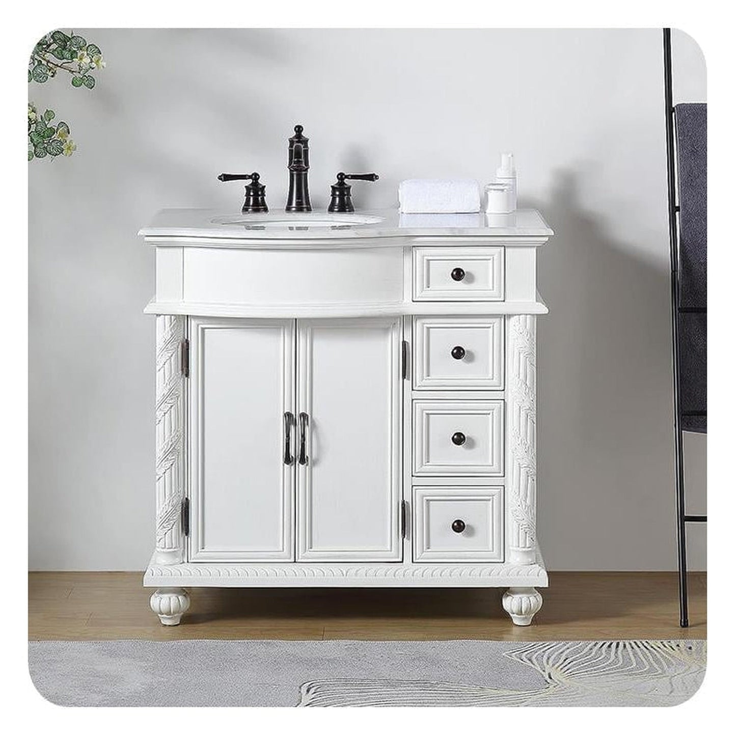 Silkroad Exclusive 36" Single Left Sink Antique White Bathroom Vanity With Carrara White Marble Countertop and White Ceramic Undermount Sink - V0213WW36L