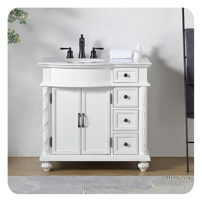 Silkroad Exclusive 36" Single Left Sink Antique White Bathroom Vanity With Carrara White Marble Countertop and White Ceramic Undermount Sink - V0213WW36L