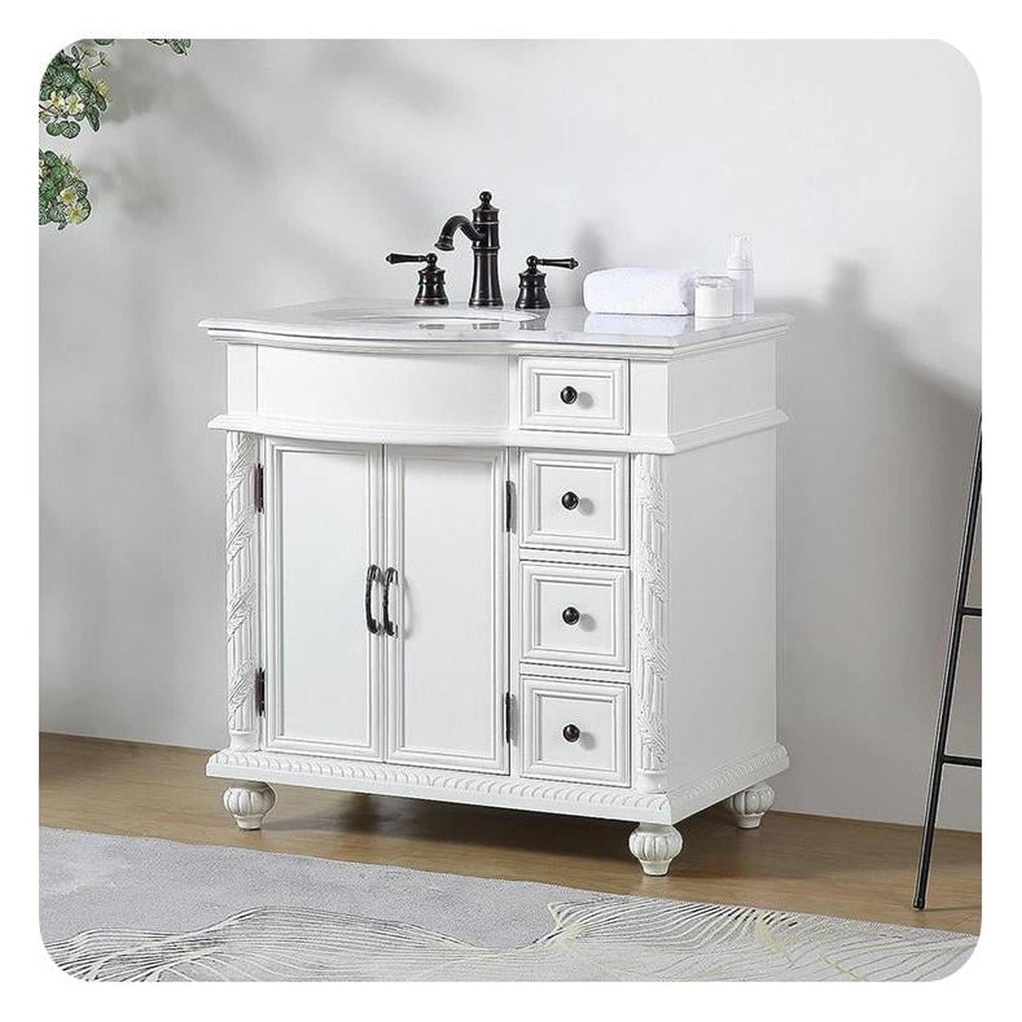 Silkroad Exclusive 36" Single Left Sink Antique White Bathroom Vanity With Carrara White Marble Countertop and White Ceramic Undermount Sink - V0213WW36L