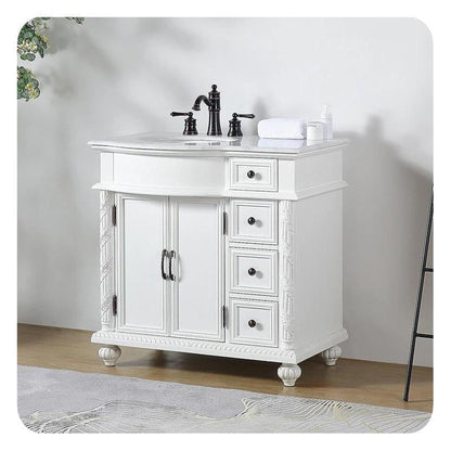 Silkroad Exclusive 36" Single Left Sink Antique White Bathroom Vanity With Carrara White Marble Countertop and White Ceramic Undermount Sink - V0213WW36L