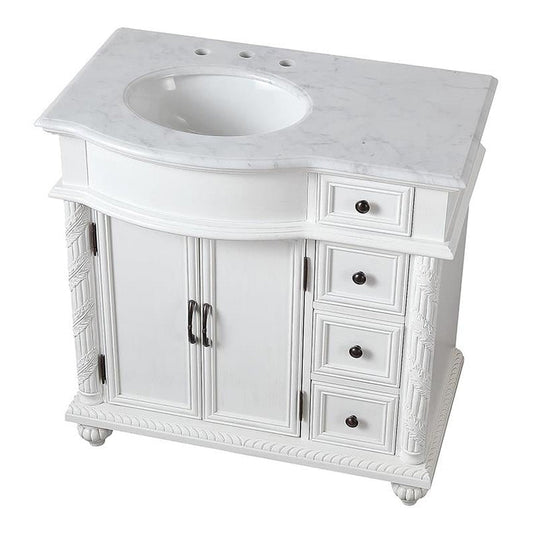 Silkroad Exclusive 36" Single Left Sink Antique White Bathroom Vanity With Carrara White Marble Countertop and White Ceramic Undermount Sink - V0213WW36L