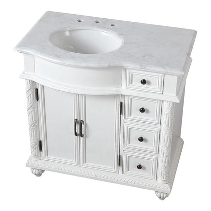 Silkroad Exclusive 36" Single Left Sink Antique White Bathroom Vanity With Carrara White Marble Countertop and White Ceramic Undermount Sink - V0213WW36L