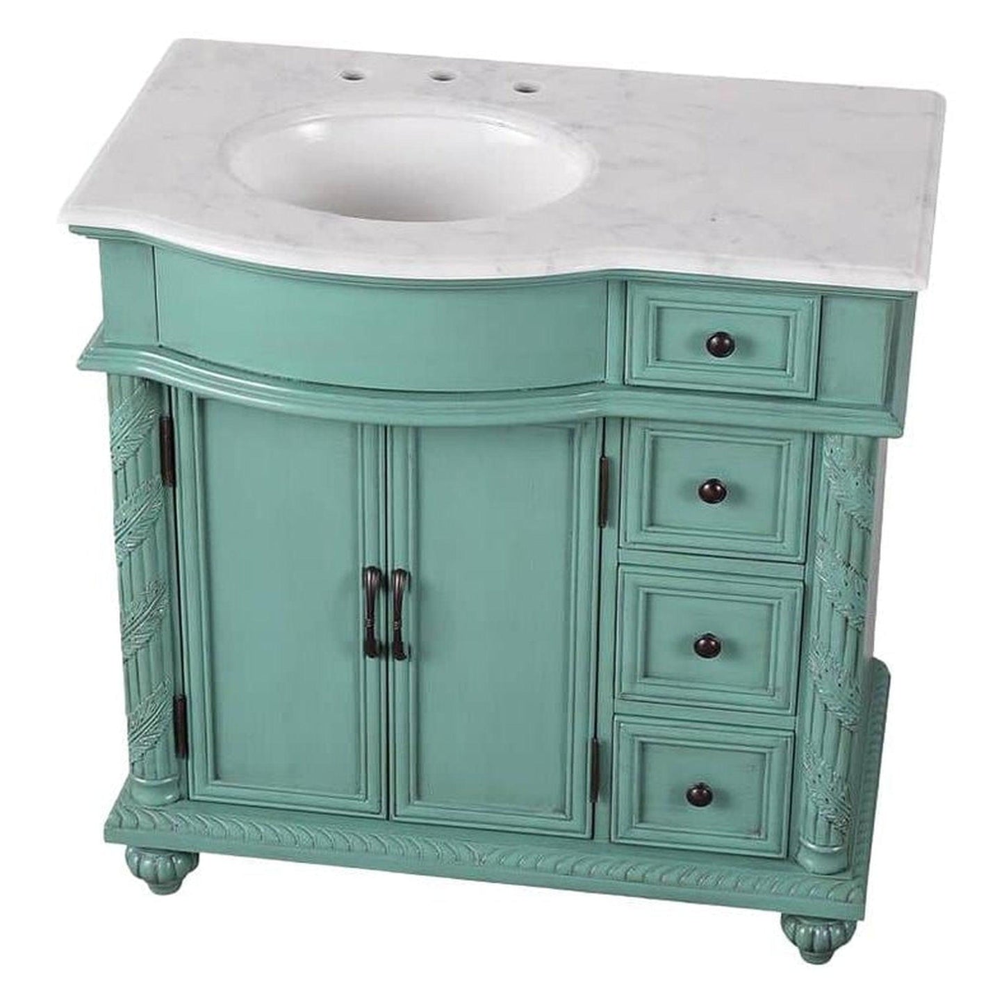 Silkroad Exclusive 36" Single Left Sink Vintage Green Bathroom Vanity With Carrara White Marble Countertop and White Ceramic Undermount Sink - V0213NW36L