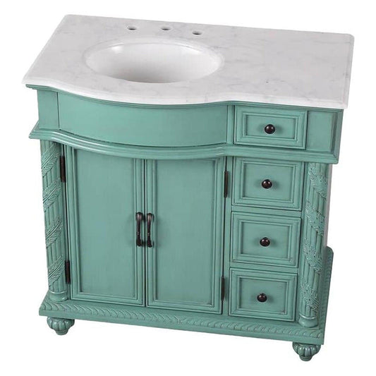 Silkroad Exclusive 36" Single Left Sink Vintage Green Bathroom Vanity With Carrara White Marble Countertop and White Ceramic Undermount Sink - V0213NW36L