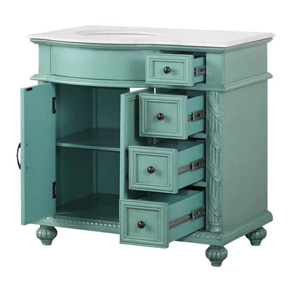 Silkroad Exclusive 36" Single Left Sink Vintage Green Bathroom Vanity With Carrara White Marble Countertop and White Ceramic Undermount Sink - V0213NW36L