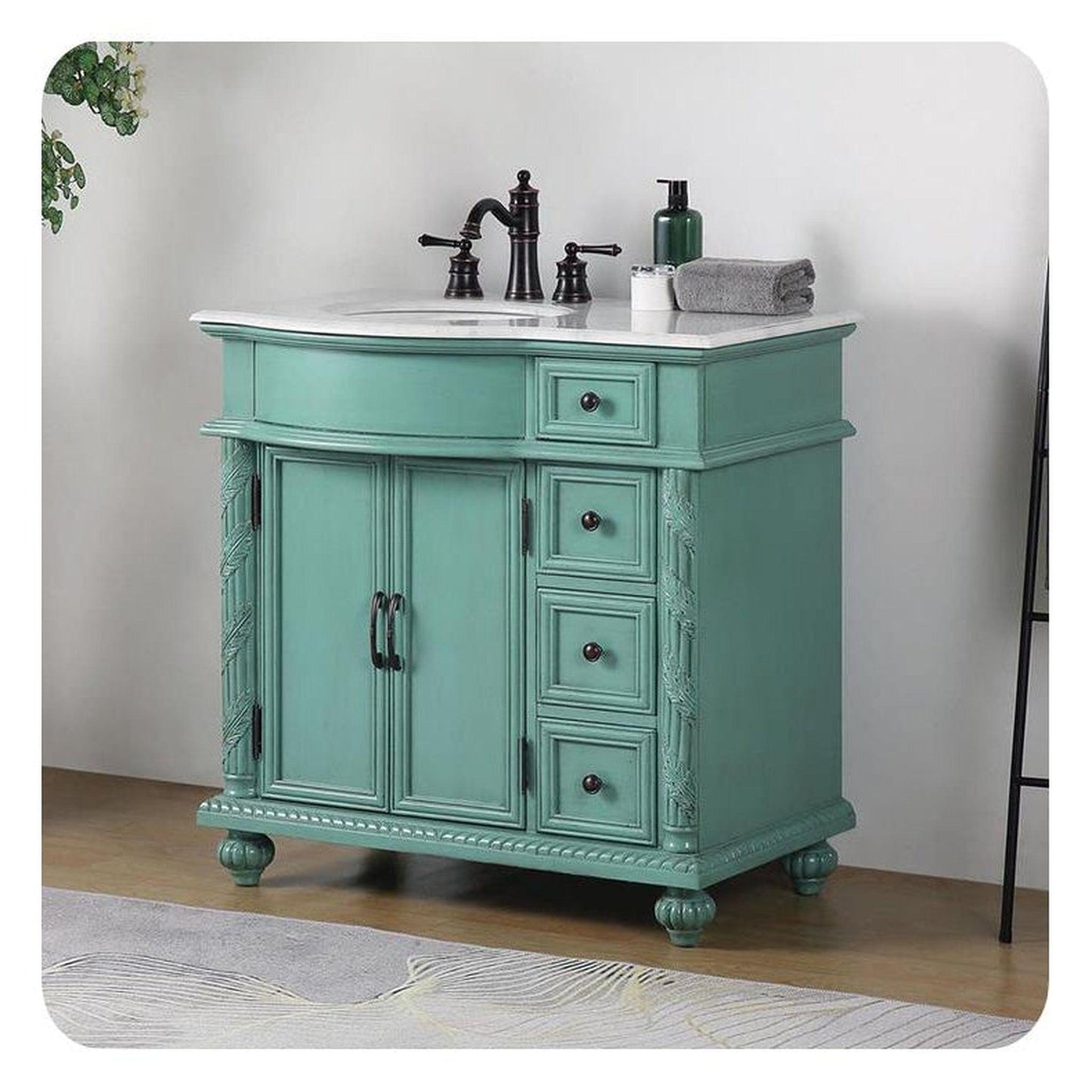 Silkroad Exclusive 36" Single Left Sink Vintage Green Bathroom Vanity With Carrara White Marble Countertop and White Ceramic Undermount Sink - V0213NW36L