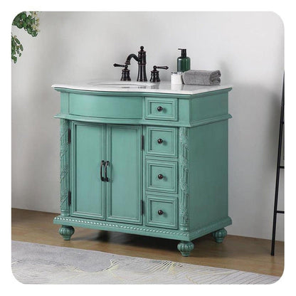 Silkroad Exclusive 36" Single Left Sink Vintage Green Bathroom Vanity With Carrara White Marble Countertop and White Ceramic Undermount Sink - V0213NW36L