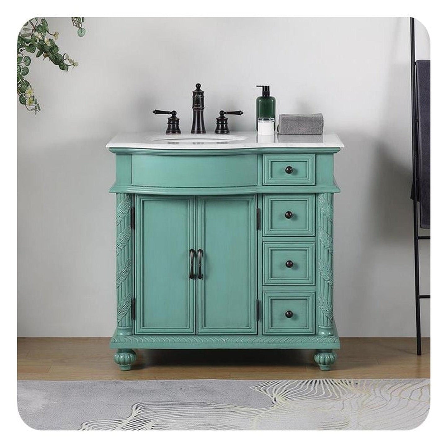 Silkroad Exclusive 36" Single Left Sink Vintage Green Bathroom Vanity With Carrara White Marble Countertop and White Ceramic Undermount Sink - V0213NW36L