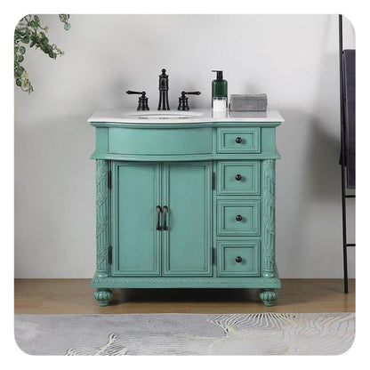 Silkroad Exclusive 36" Single Left Sink Vintage Green Bathroom Vanity With Carrara White Marble Countertop and White Ceramic Undermount Sink - V0213NW36L