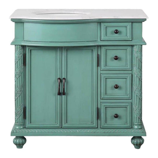 Silkroad Exclusive 36" Single Left Sink Vintage Green Bathroom Vanity With Carrara White Marble Countertop and White Ceramic Undermount Sink - V0213NW36L