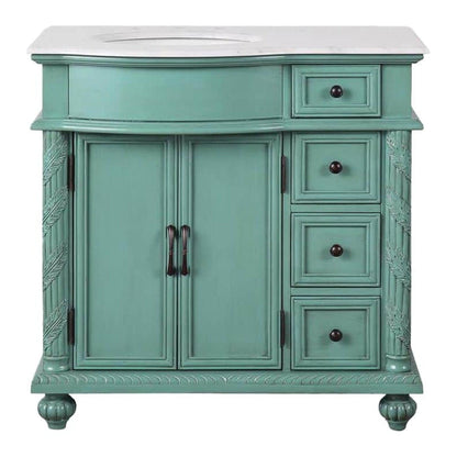 Silkroad Exclusive 36" Single Left Sink Vintage Green Bathroom Vanity With Carrara White Marble Countertop and White Ceramic Undermount Sink - V0213NW36L